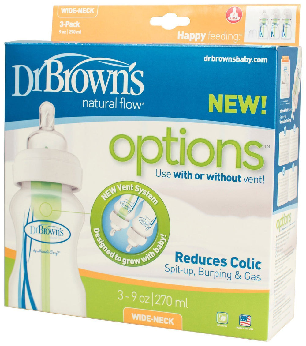 Dr. Brown's Options 9 oz bottle shown with vent-free mode for growing baby's feeding needs.