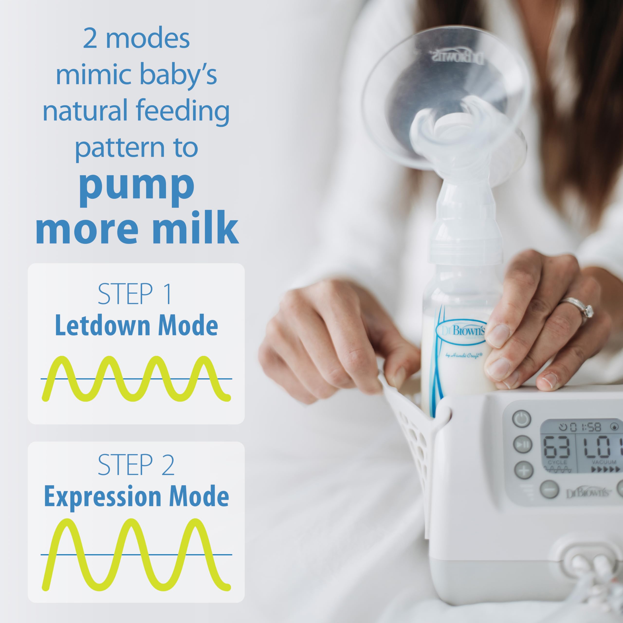 OptionsPlus bottle set with caps demonstrates easy pumping to feeding transition.