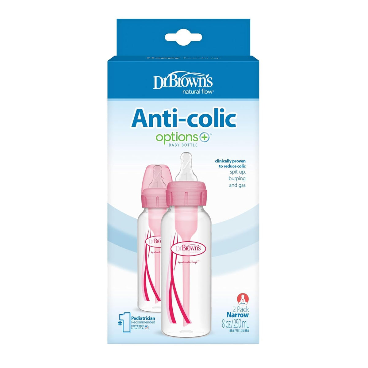 Dr. Brown's pink 8 oz bottles two-pack showcasing calm feeding design.