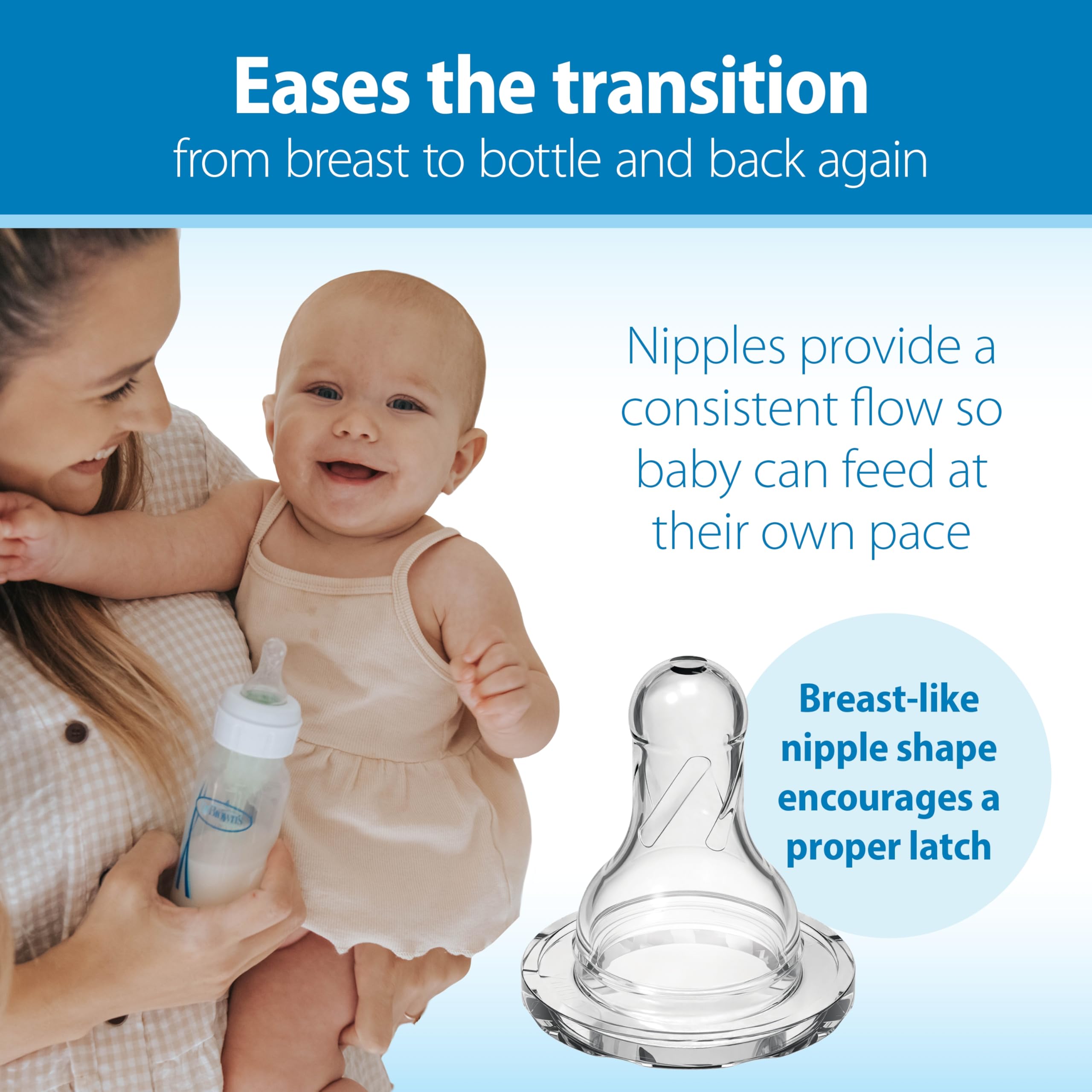 Soft silicone nipple from Dr. Brown's encourages a natural latch