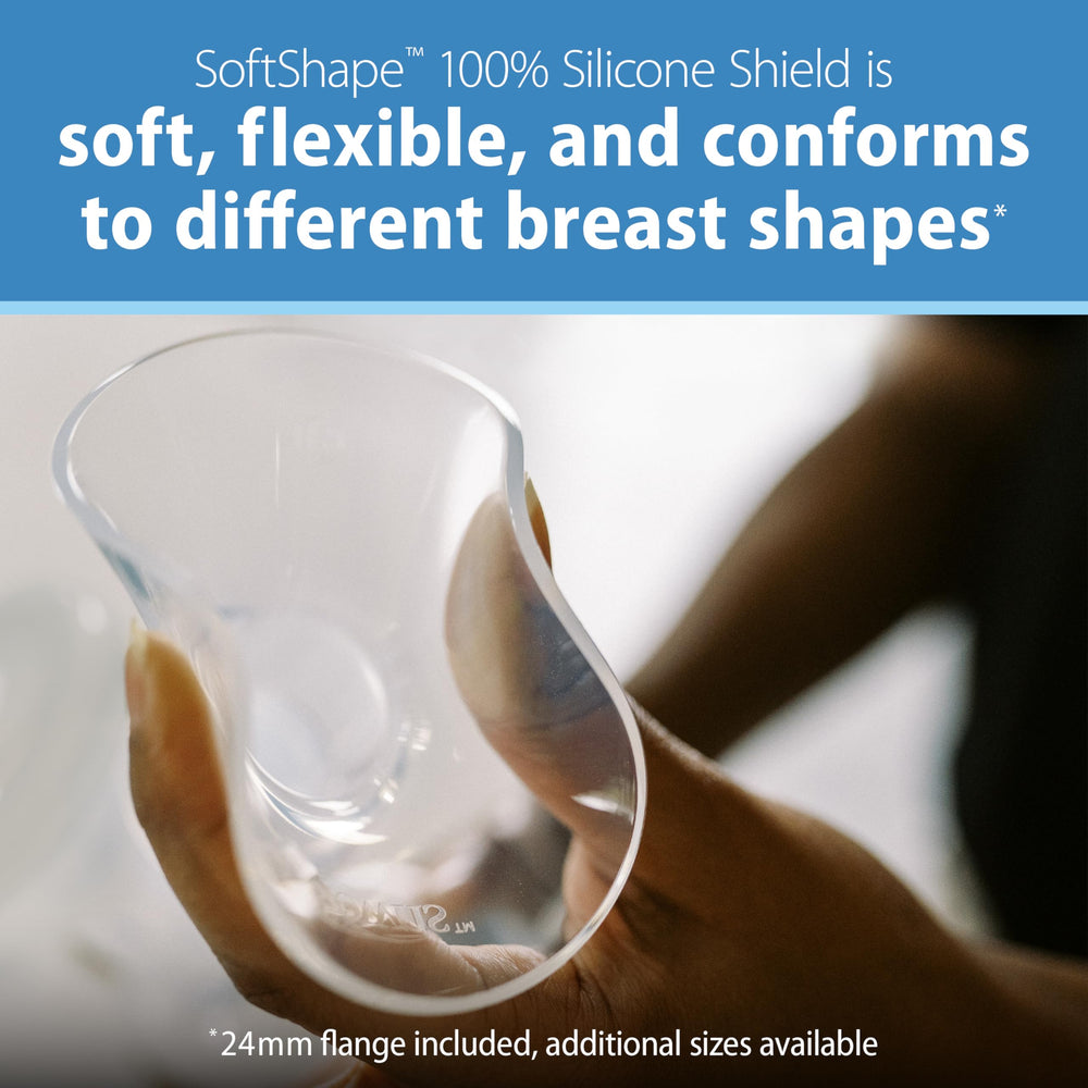 SoftShape silicone flanges close-up shows flexible seal for comfortable pumping sessions.