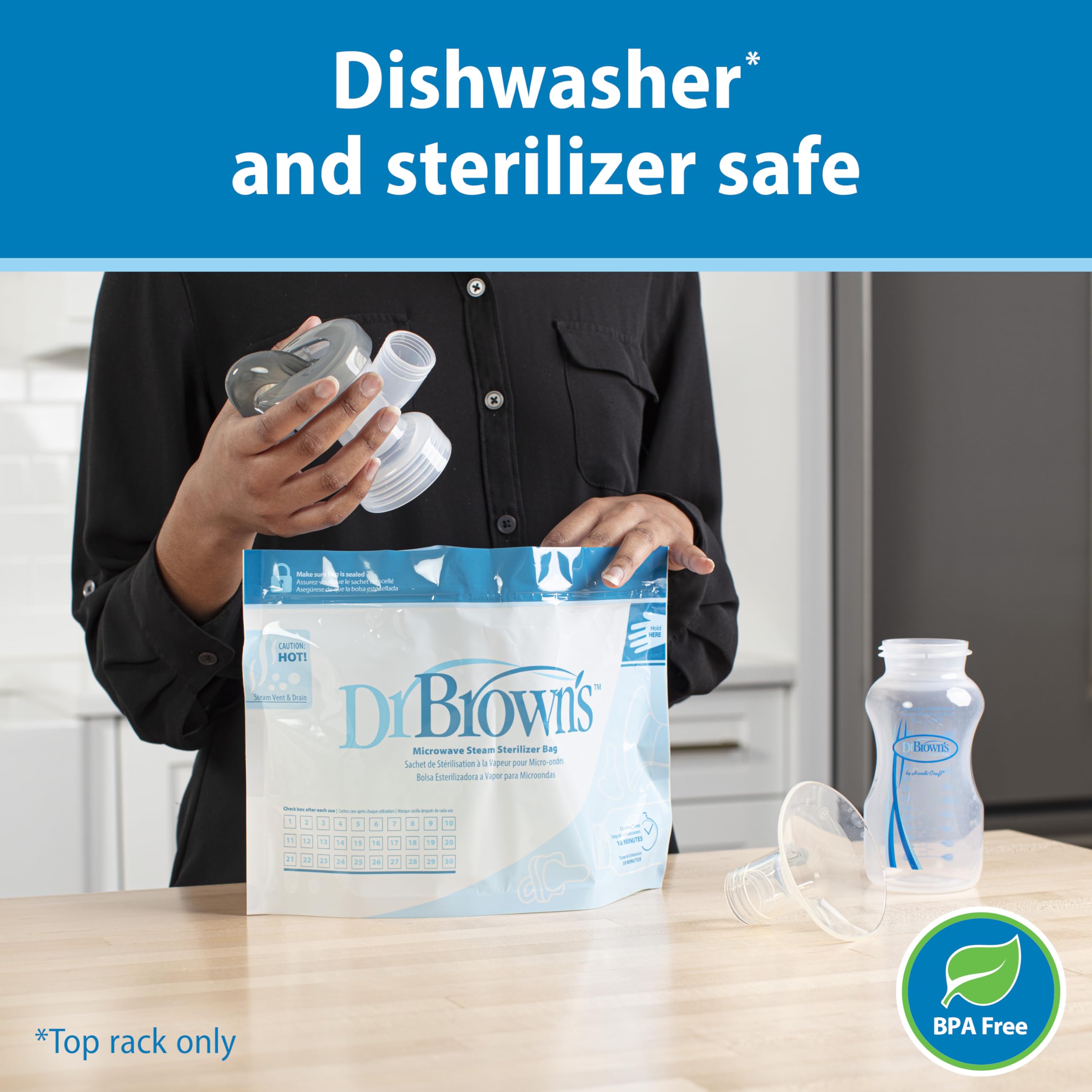 Dr. Brown's Wide-Neck bottle (5 oz) includes storage cap for milk on the go.
