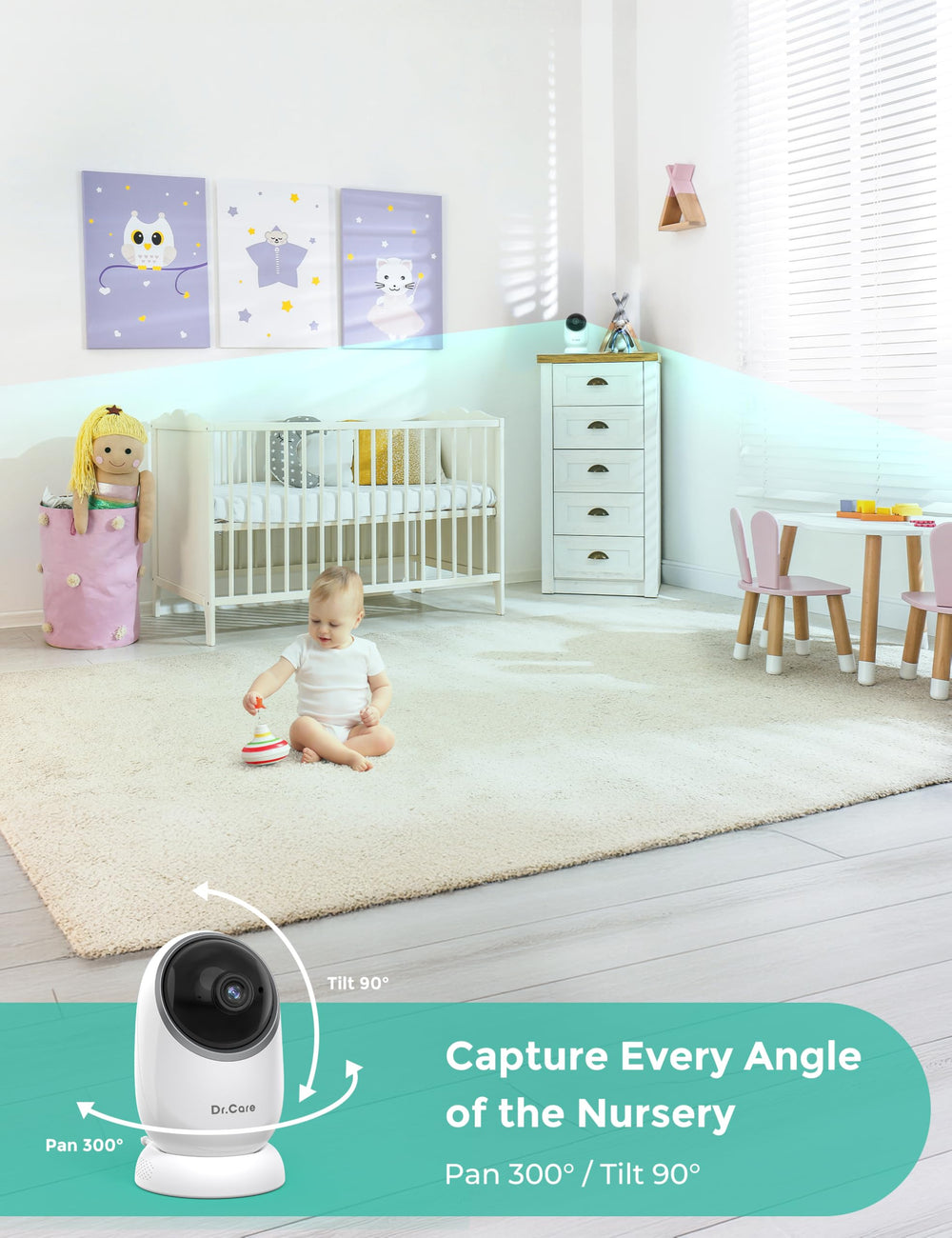 Dr.Care NovaView pan and tilt helps follow baby from any angle.