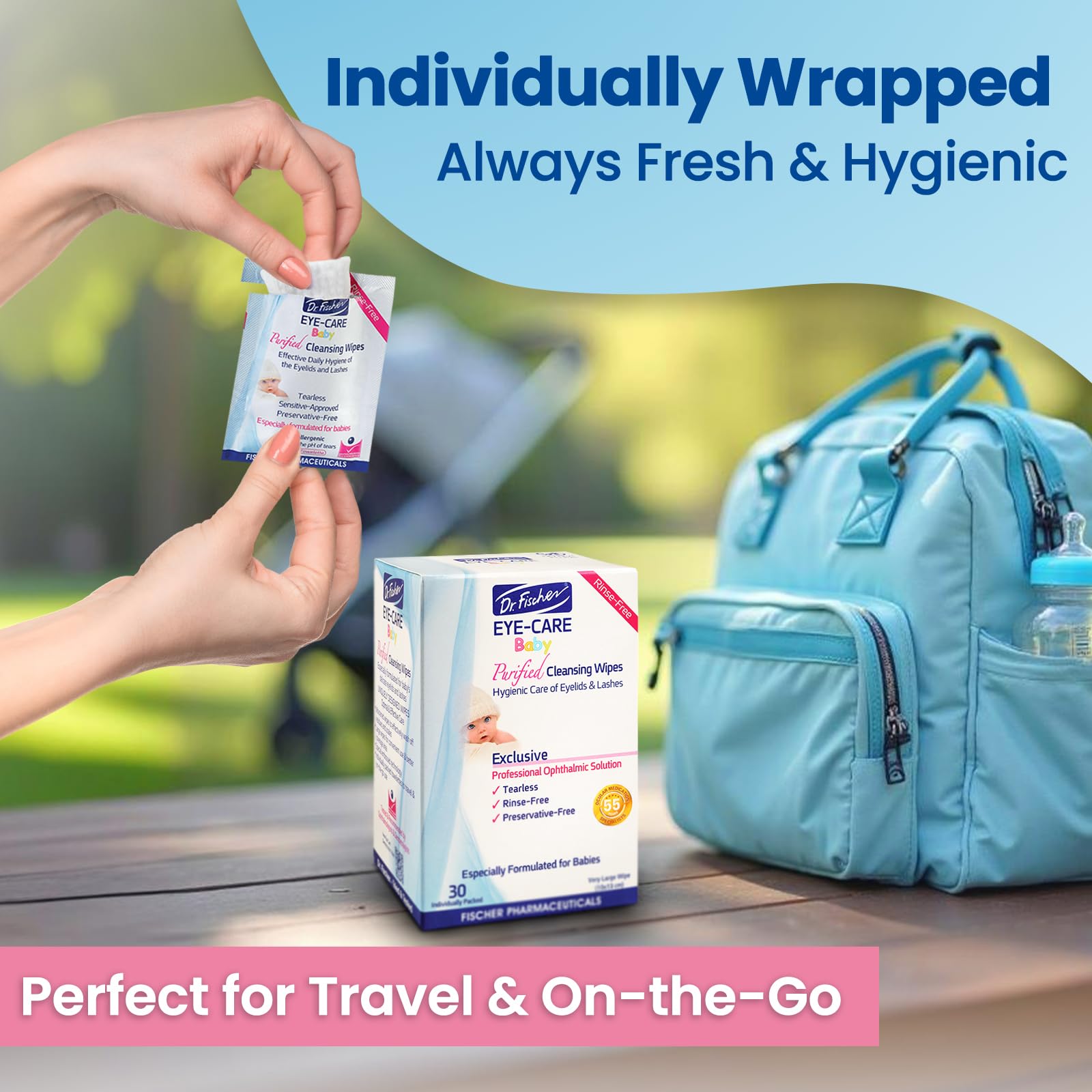 Dr. Fischer hypoallergenic wipes pack shows safe, dermatologist and pediatrician recommended use