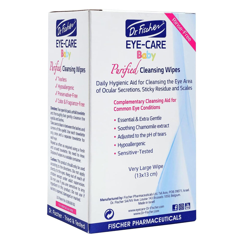 Dr. Fischer Premium Baby Eyelid Wipes 60-count bottle on a countertop.