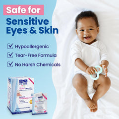 Dr. Fischer Premium Baby Eyelid Wipes closeup demonstrates pre-moistened, soothing formula.