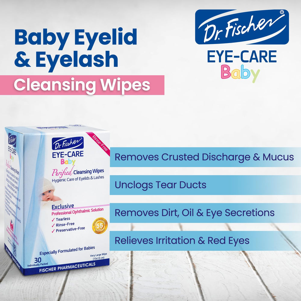 Dr. Fischer Premium Baby Eyelid Wipes pediatrician-recommended seal visible.
