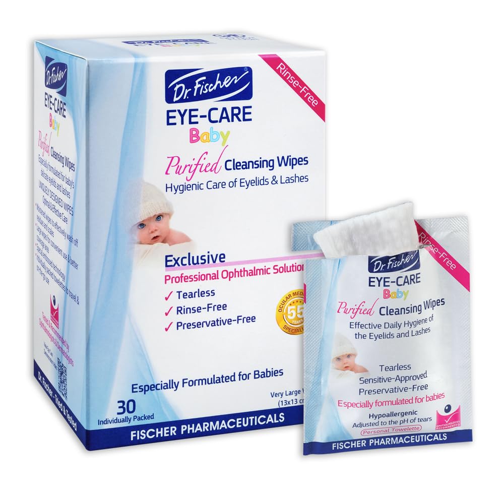 Dr. Fischer purified baby eyelid wipes packaging shows gentle cleansing for delicate eyes