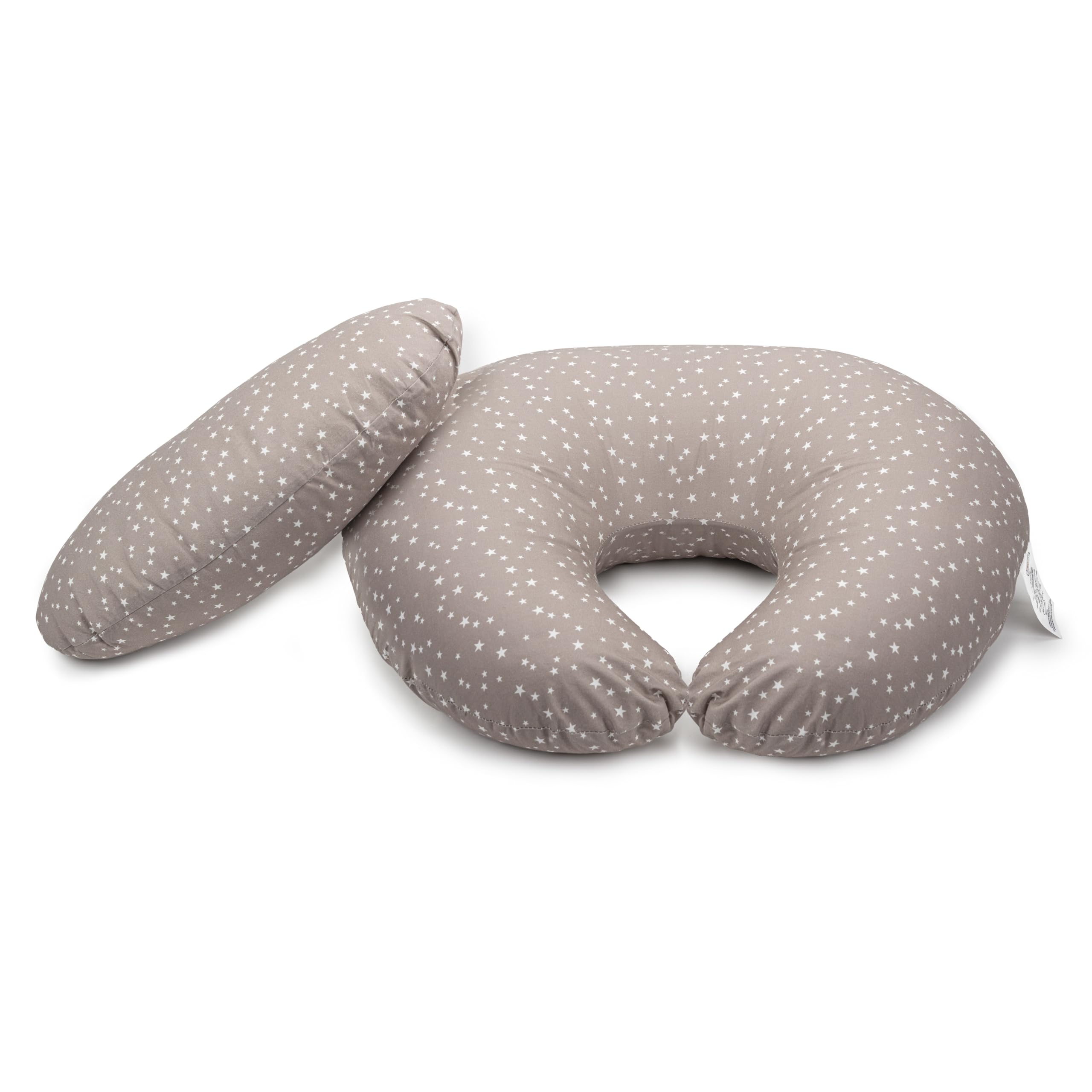 Dr. Mama's Organics nursing pillow with lumbar support in gray stars enhances feeding comfort.