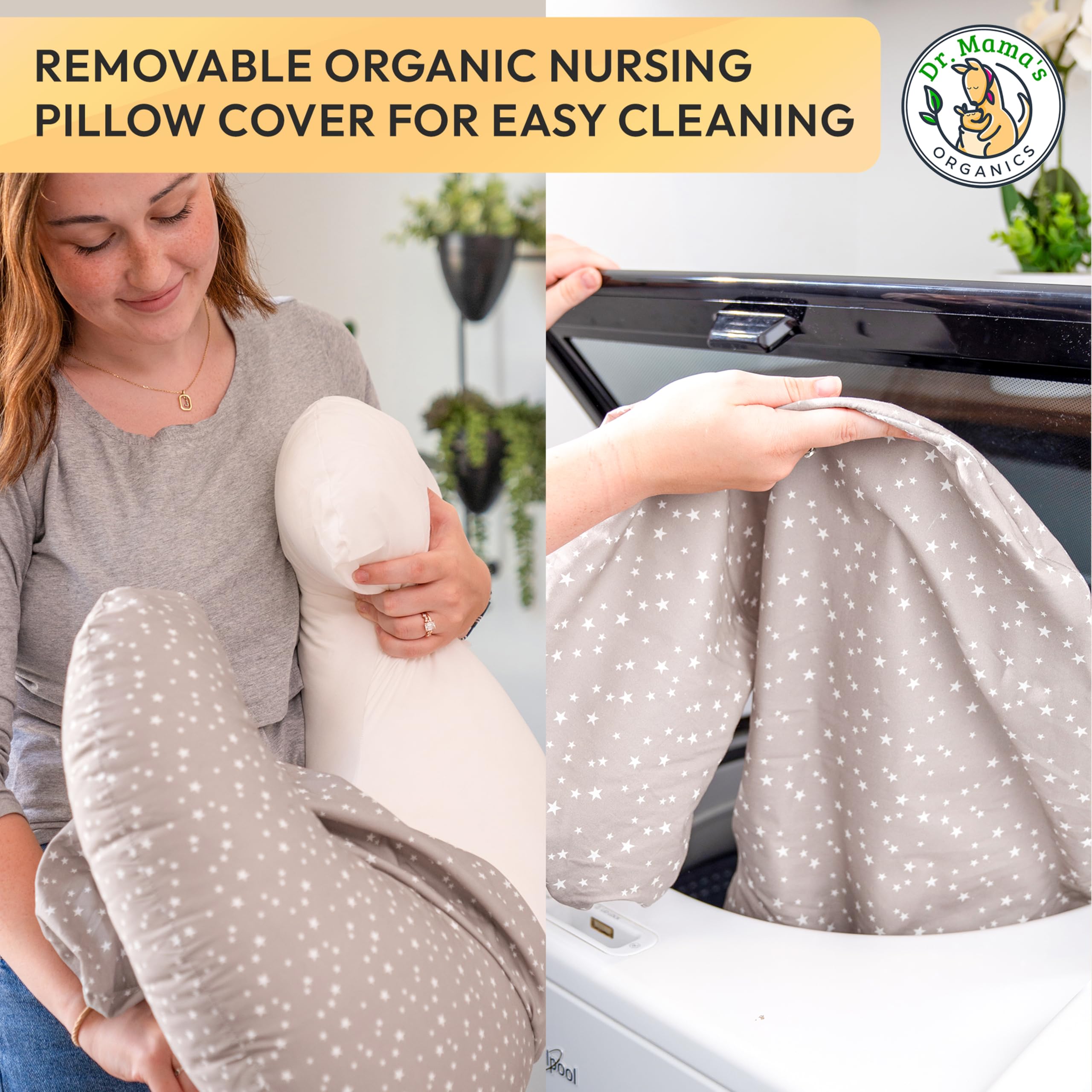 Dr. Mama's Organics nursing pillow adapts for nursing, bottle feeding, tummy time, and sitting.