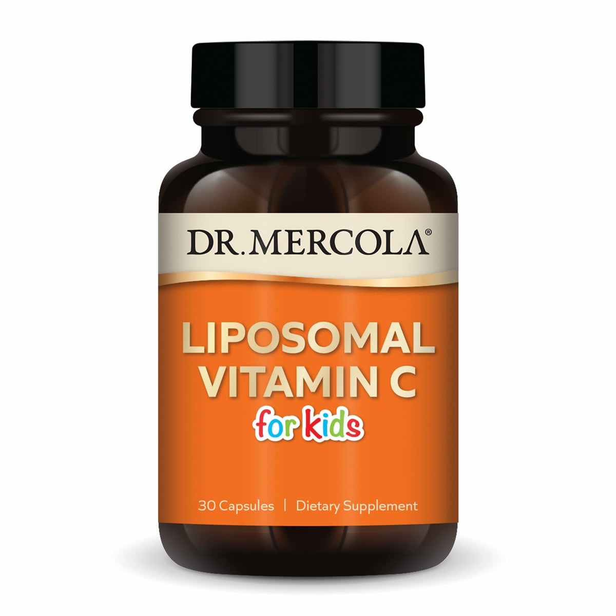Dr. Mercola Liposomal Vitamin C for Kids bottle front with 125 mg per capsule for immune support.