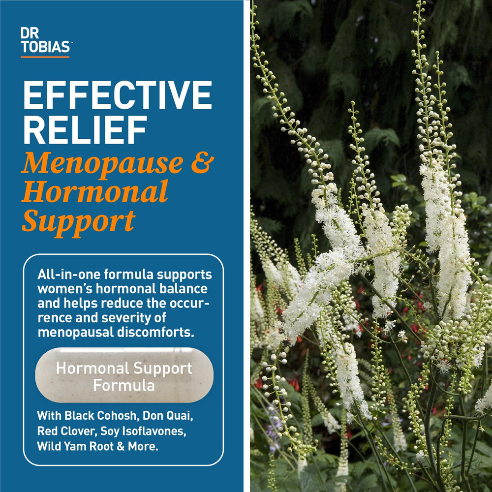 Dr. Tobias Menopause Relief capsules close-up highlighting easy-to-swallow tablets for daily use
