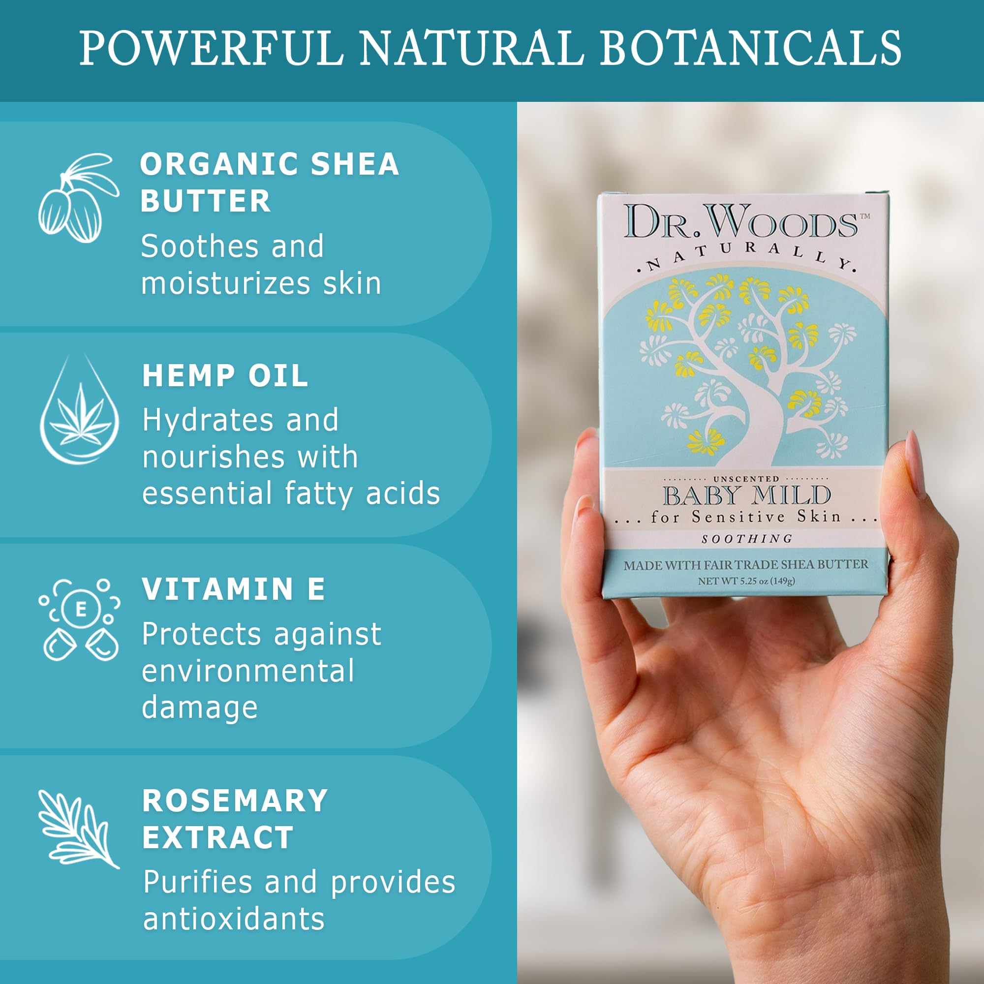 Dr. Woods Baby Mild Bar Soap cleanses face, body, and hair softly.
