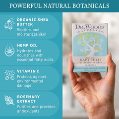 Dr. Woods Baby Mild Bar Soap cleanses face, body, and hair softly.