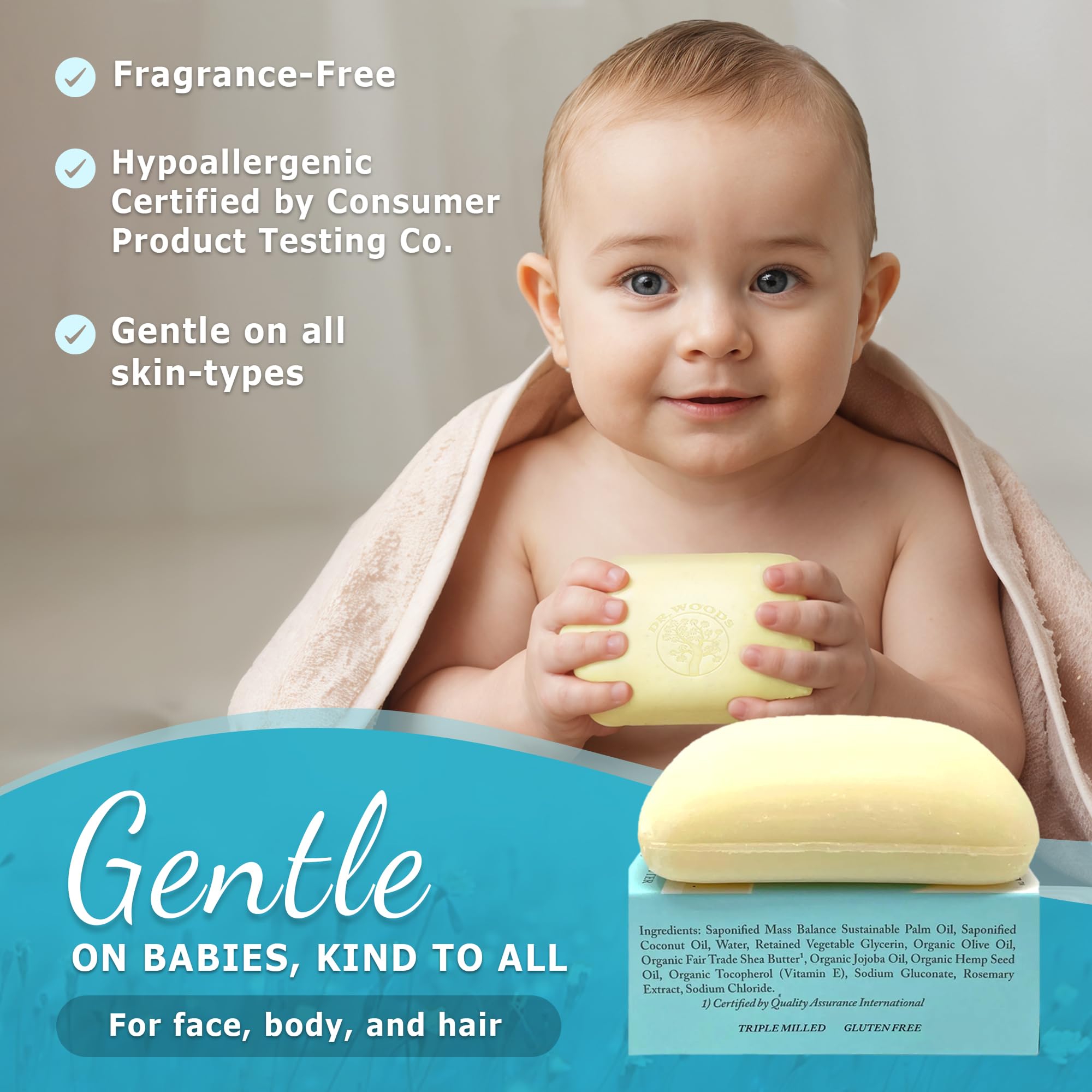 Dr. Woods Baby Mild Bar Soap creates a fragrance-free, creamy lather for sensitive skin.