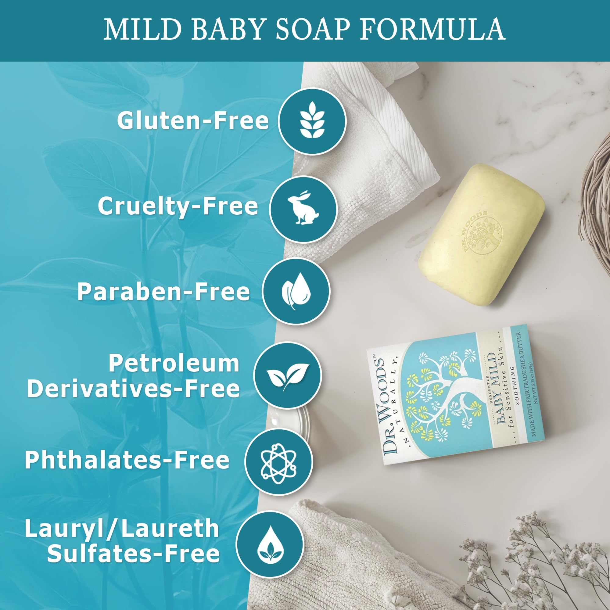 Dr. Woods Baby Mild Bar Soap provides a soft, moisturizing wash for delicate skin.