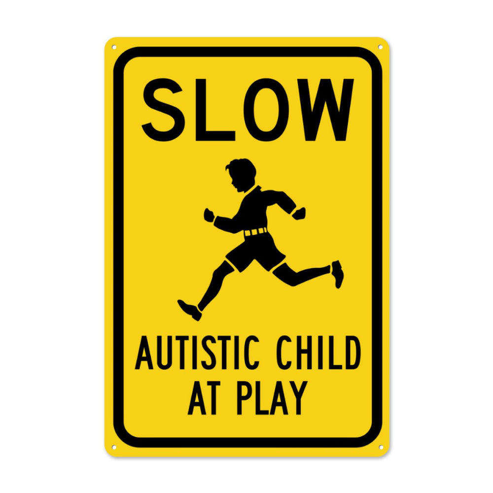 Dragonees slow autistic child at play sign front view, durable outdoor display.