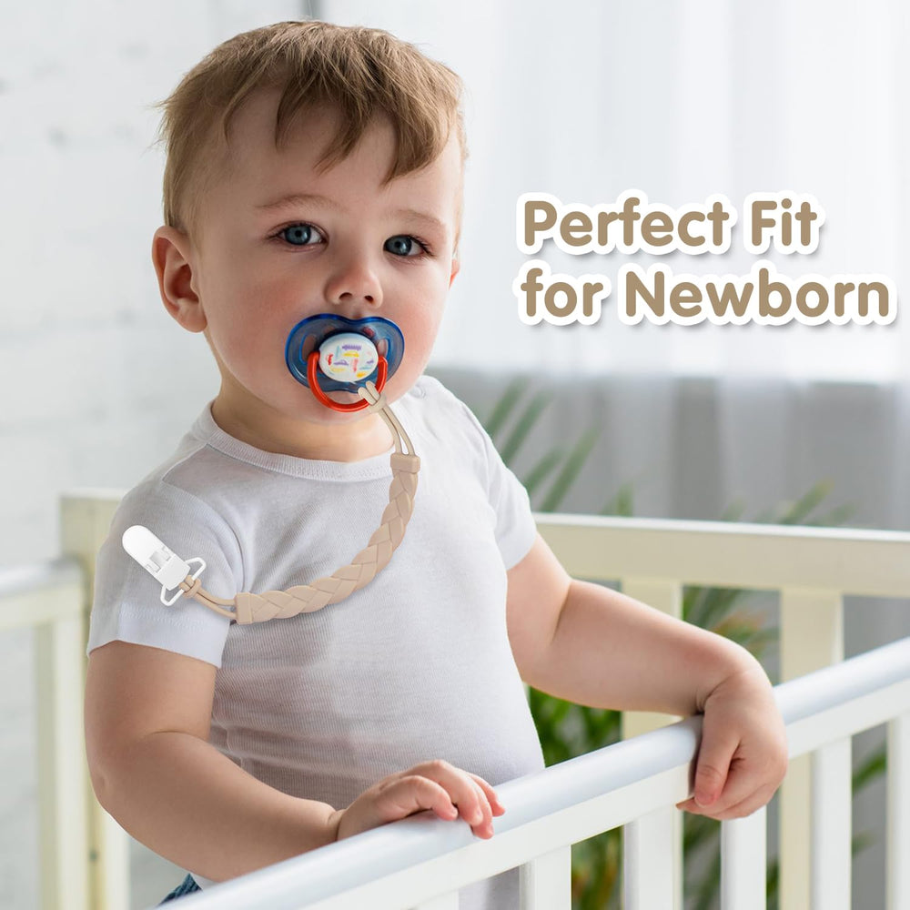 Draklary flexible woven rope design pacifier clip on baby outfit for quick access.