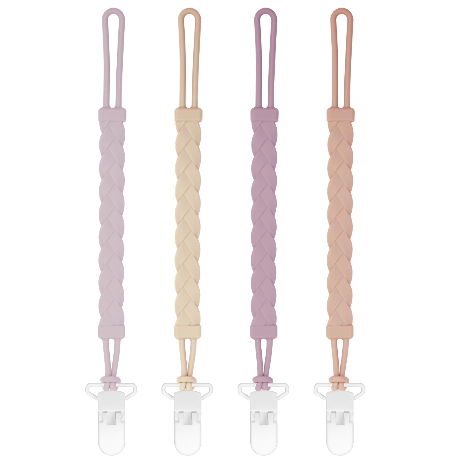 Draklary stylish silicone pacifier clips in a 4-pack securely attach to clothing.