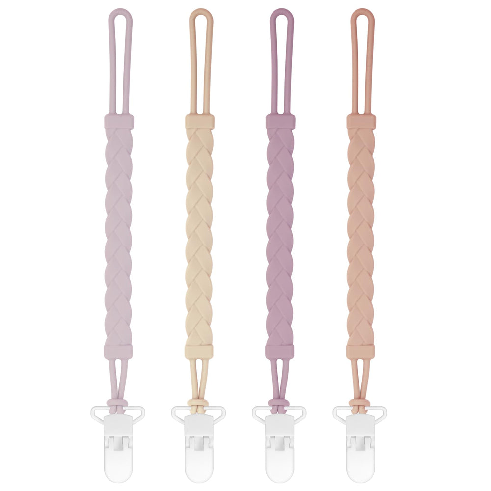 Draklary stylish silicone pacifier clips in a 4-pack securely attach to clothing.