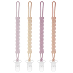 Draklary stylish silicone pacifier clips in a 4-pack securely attach to clothing.