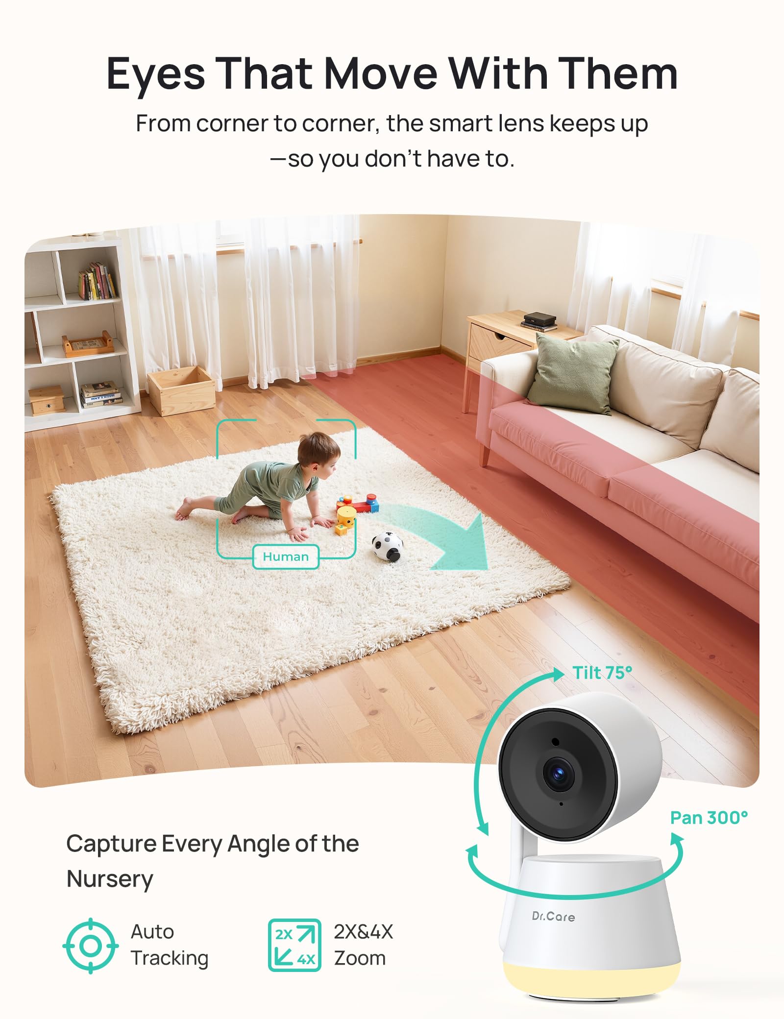 Pan tilt and zoom action for full-room coverage of LumiView