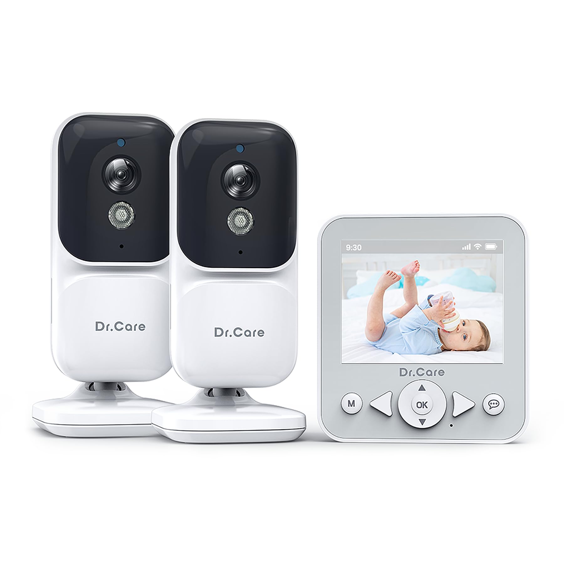 DrCare NeoView front view shows dual cameras for versatile baby monitoring.