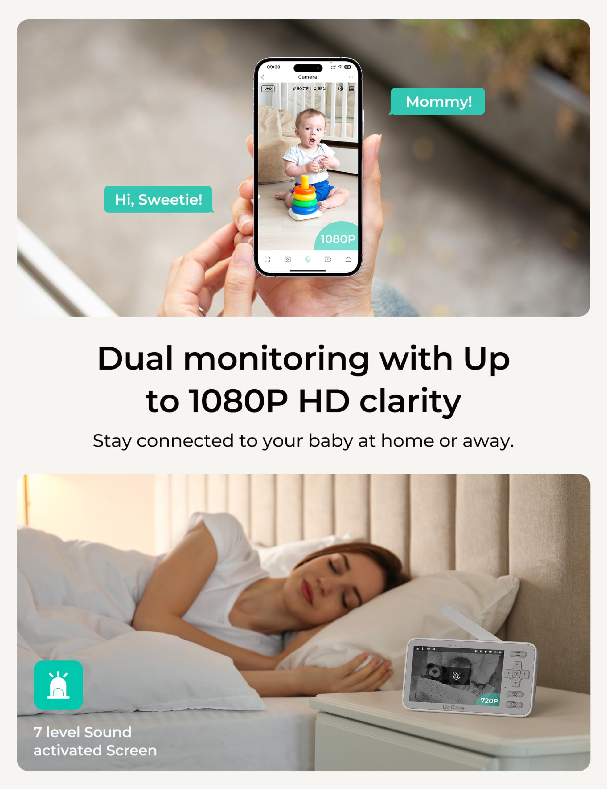 Dr.Care VistaView Lite baby unit captures your infant from a secure angle