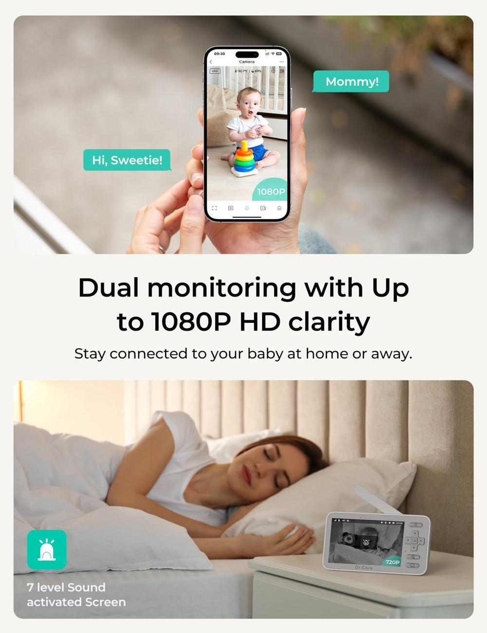 Dr.Care VistaView Lite baby unit captures your infant from a secure angle