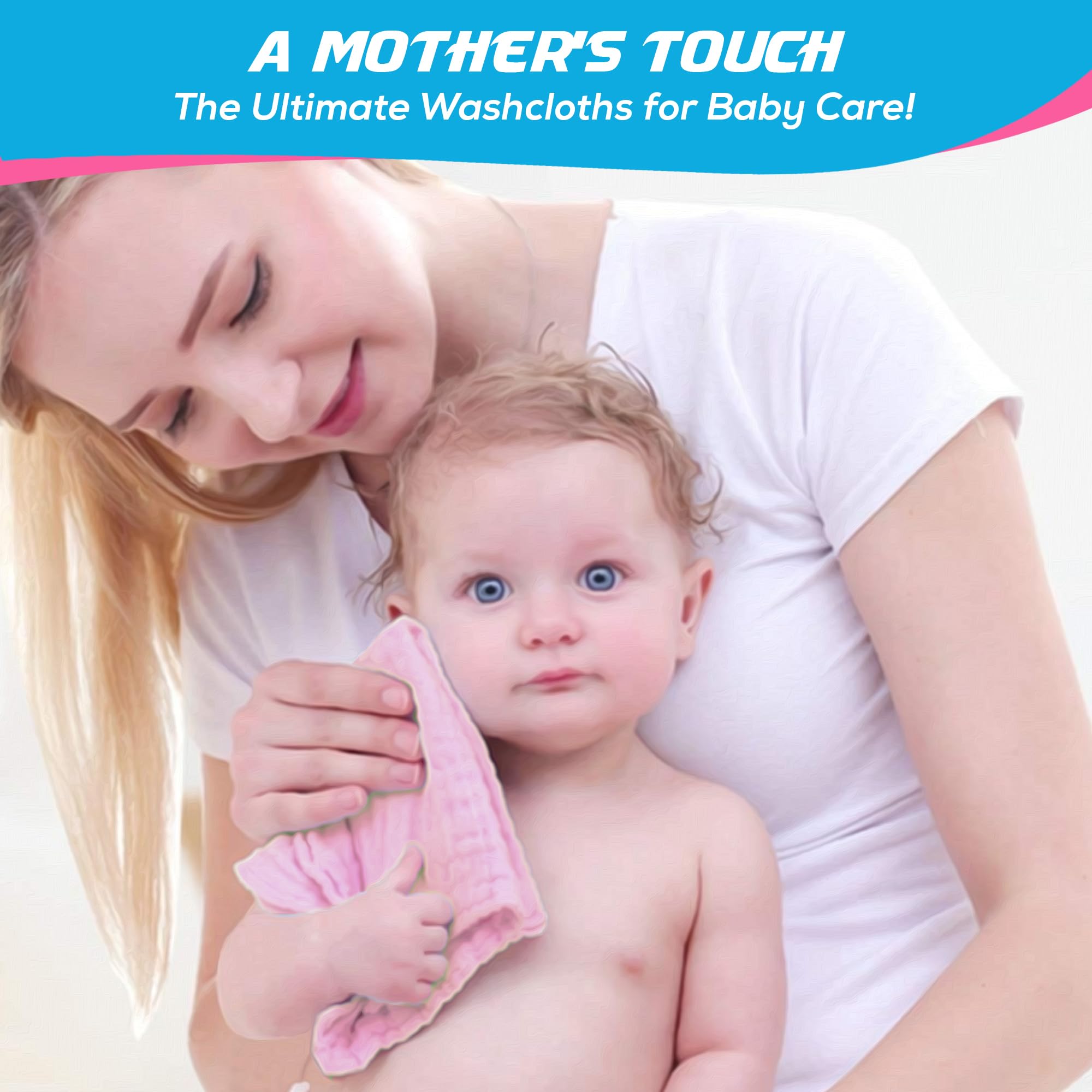 Dream Picks washcloths folded in pink, showcasing soft cotton muslin for gentle skin.