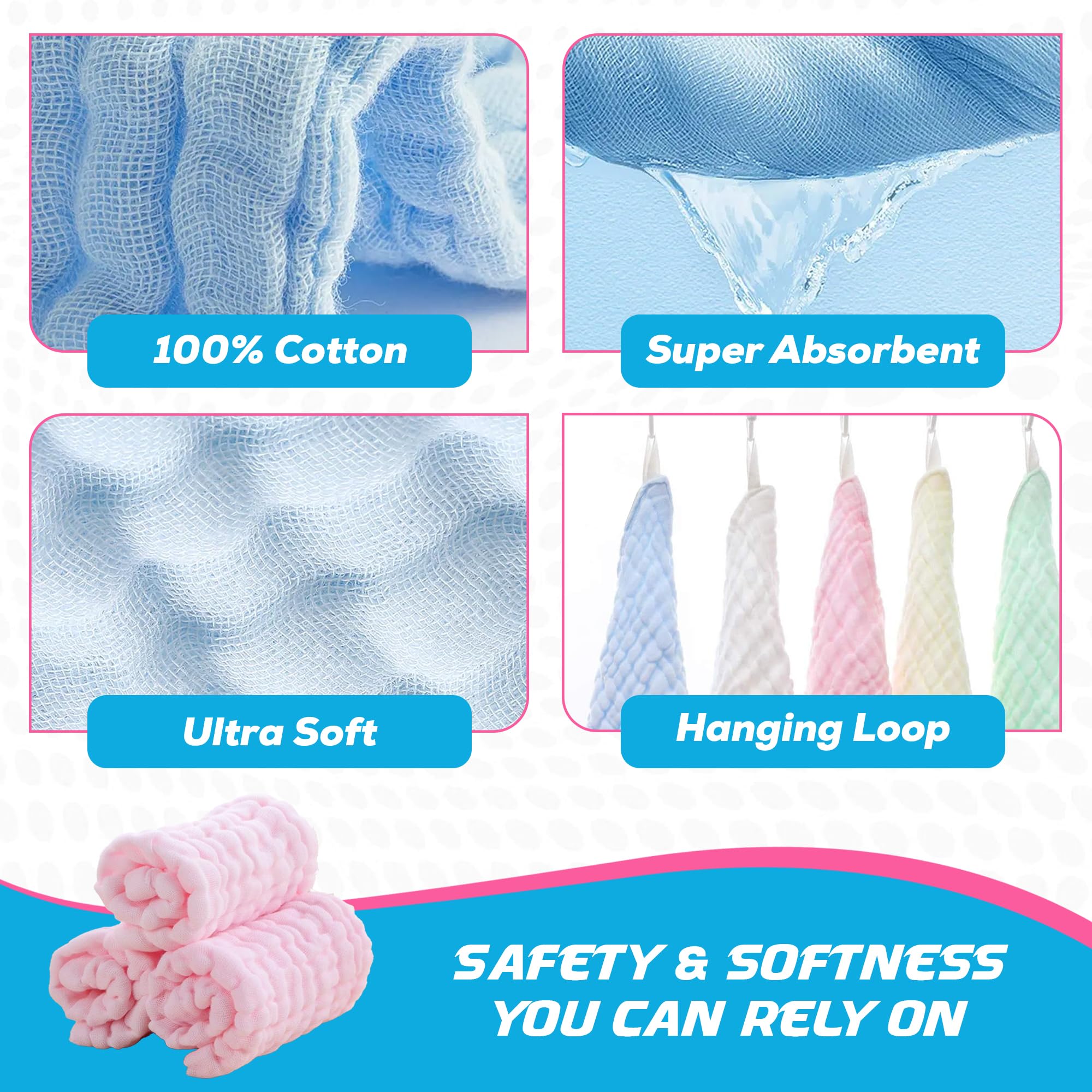 Dream Picks blue washcloths drying the face after bath gently