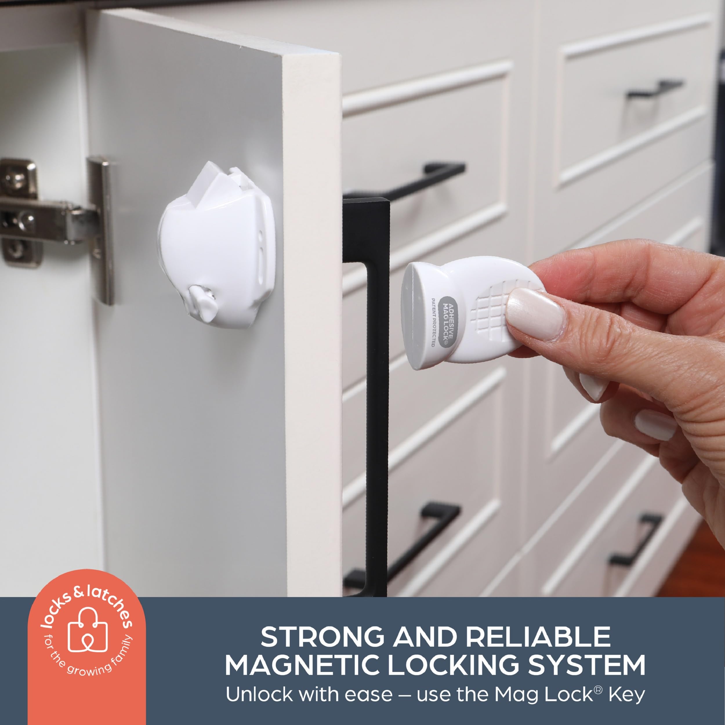Dreambaby adhesive mag lock installed inside cabinet, hidden from view