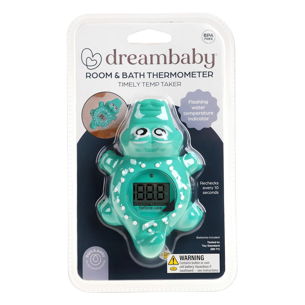 Playful crocodile bath toy design doubles as a temperature gauge.