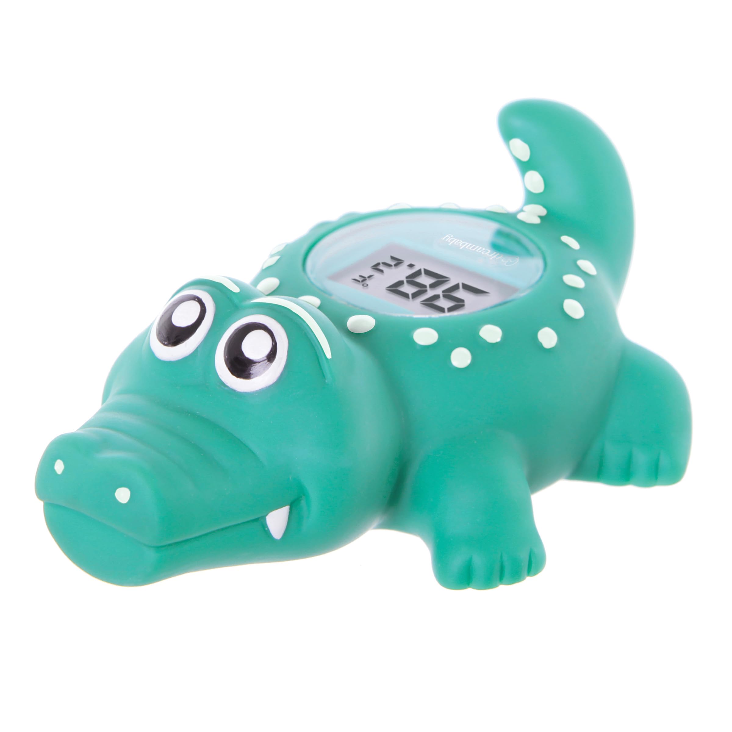Dreambaby floating crocodile thermometer in tub shows safe bath temperature.