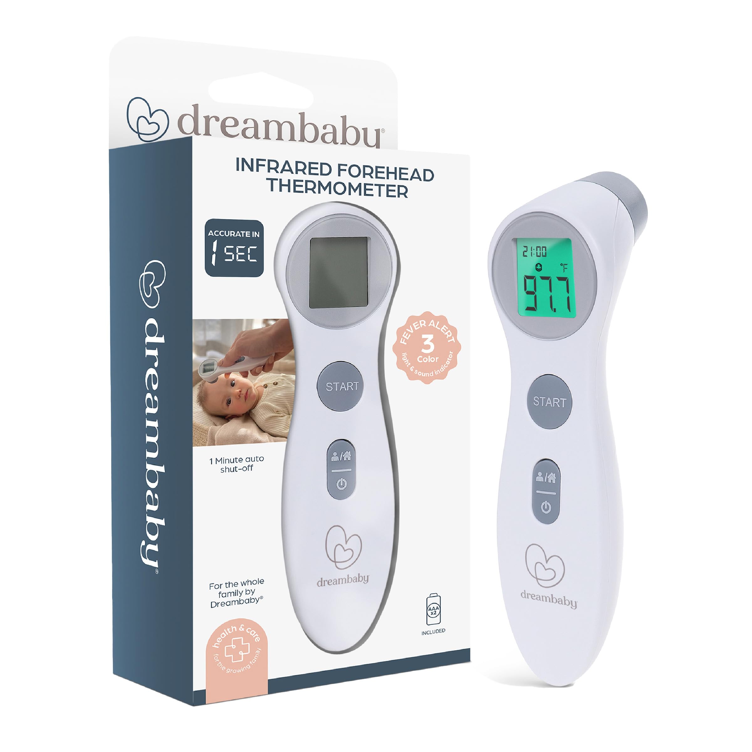 Dreambaby infrared forehead thermometer with no-contact measurement for quick, gentle readings.