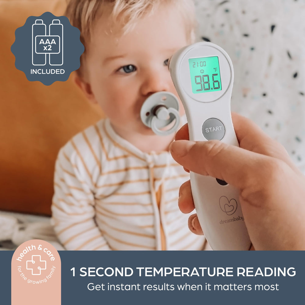 Dreambaby no-contact thermometer with digital display for safe, hands-free temperature checks.