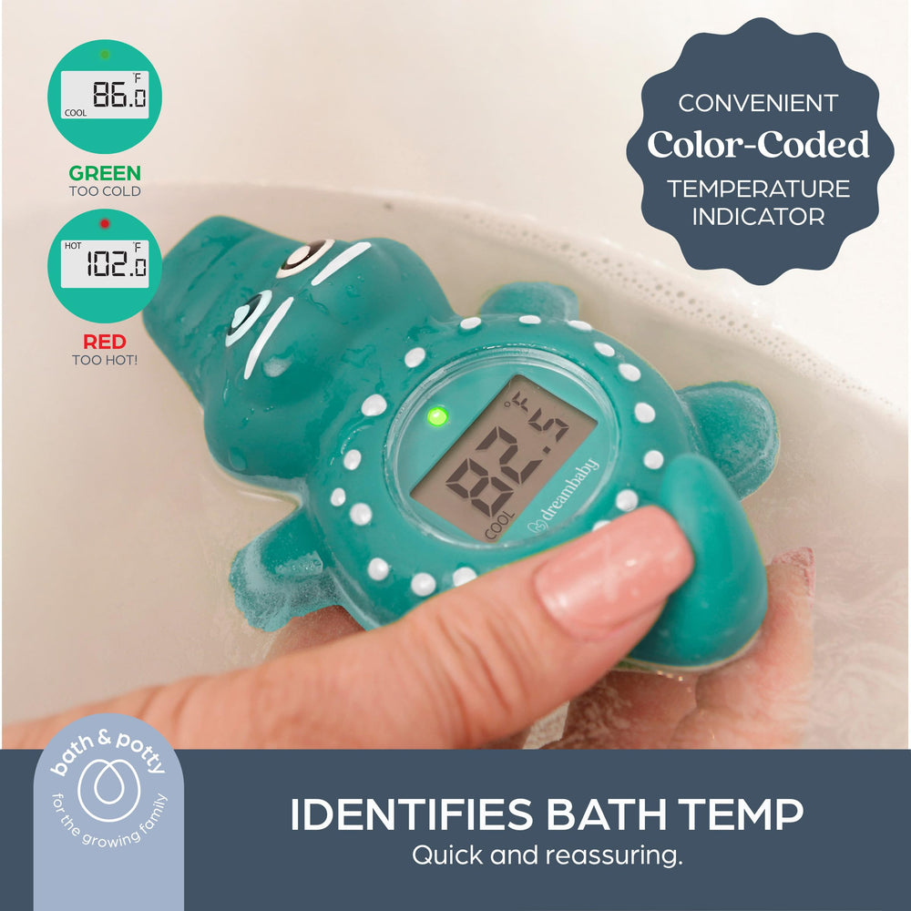 Red indicator on Dreambaby thermometer signals hot water for quick cues.