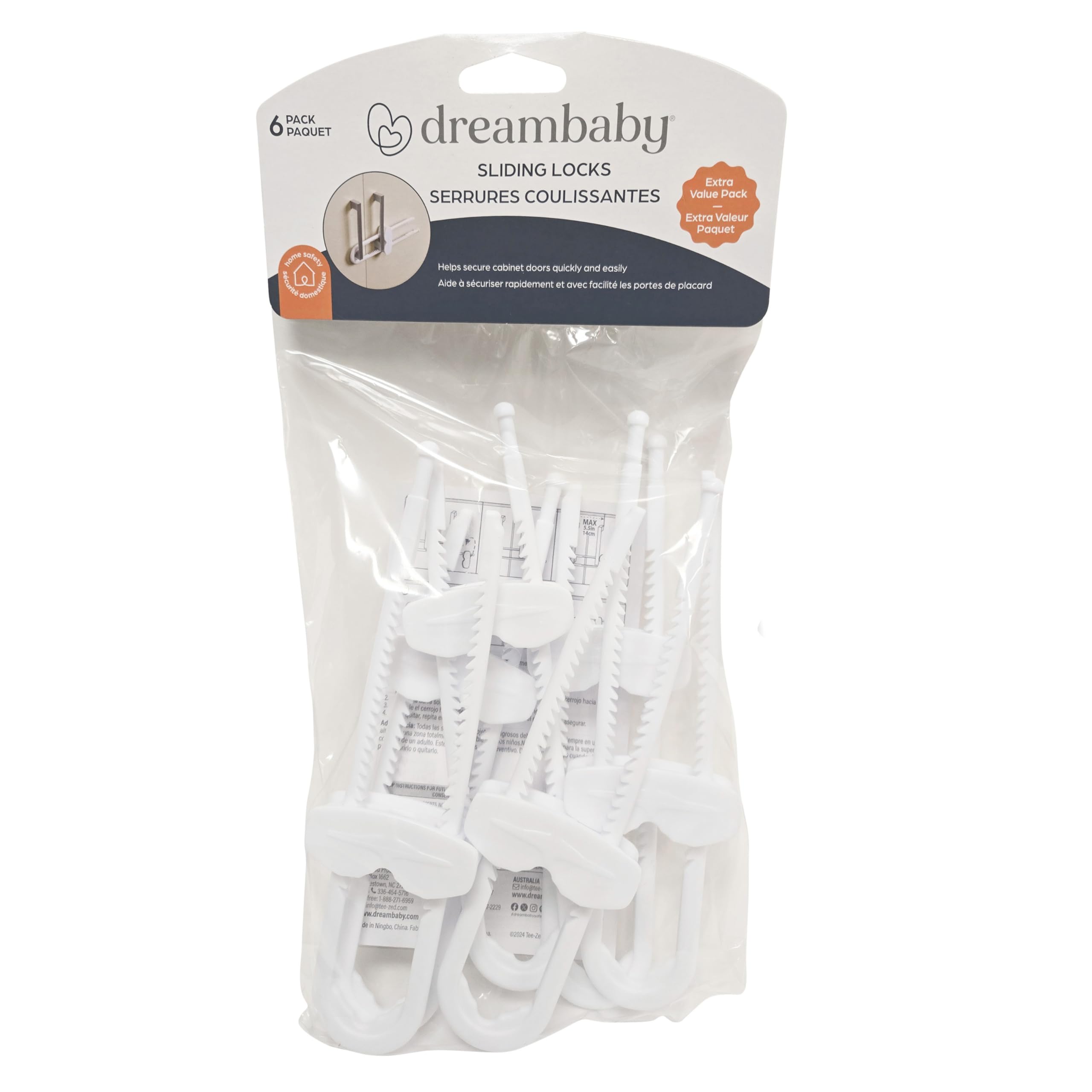Dreambaby sliding locks on a white cabinet, keeping curious kids out