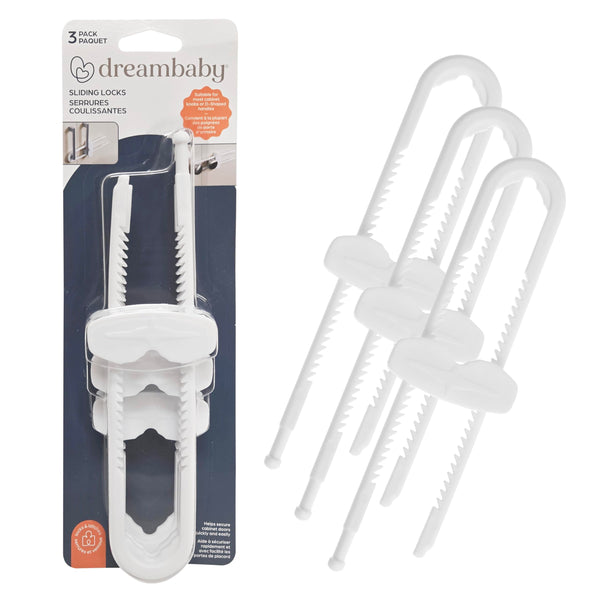 Dreambaby sliding locks on cabinet close-up show secure, tool-free safety.