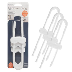 Dreambaby sliding locks on cabinet close-up show secure, tool-free safety.