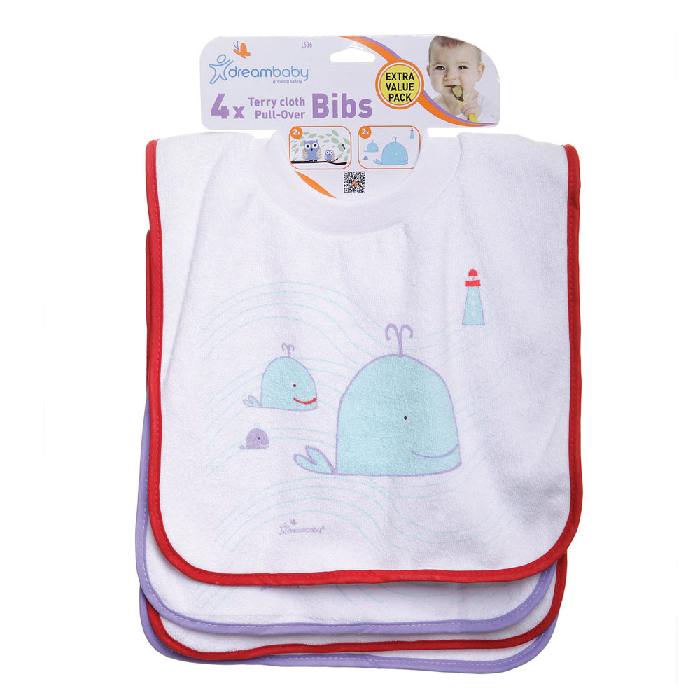Dreambaby Terry Cloth Pullover Bib with whale design keeps mealtime dry and tidy.