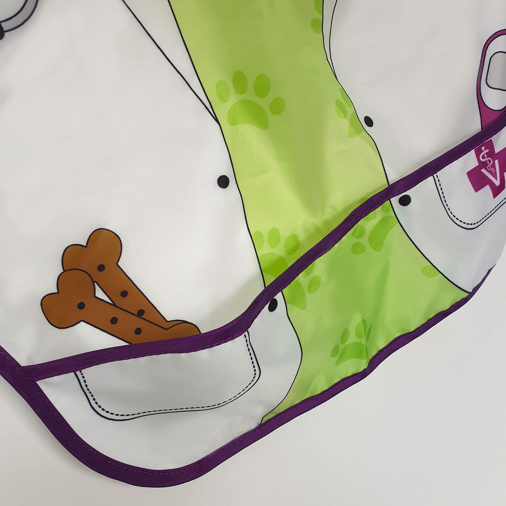 Close-up of Vet character design on Dreambaby bib for play.