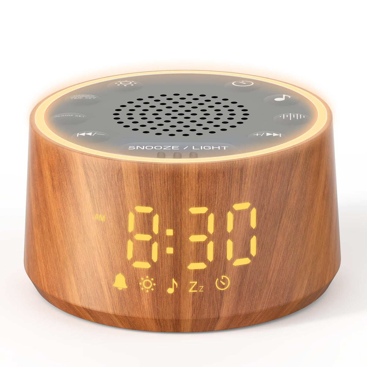 Dreamegg baby sound machine with nursery lamp in wood finish, soothing nights for baby.
