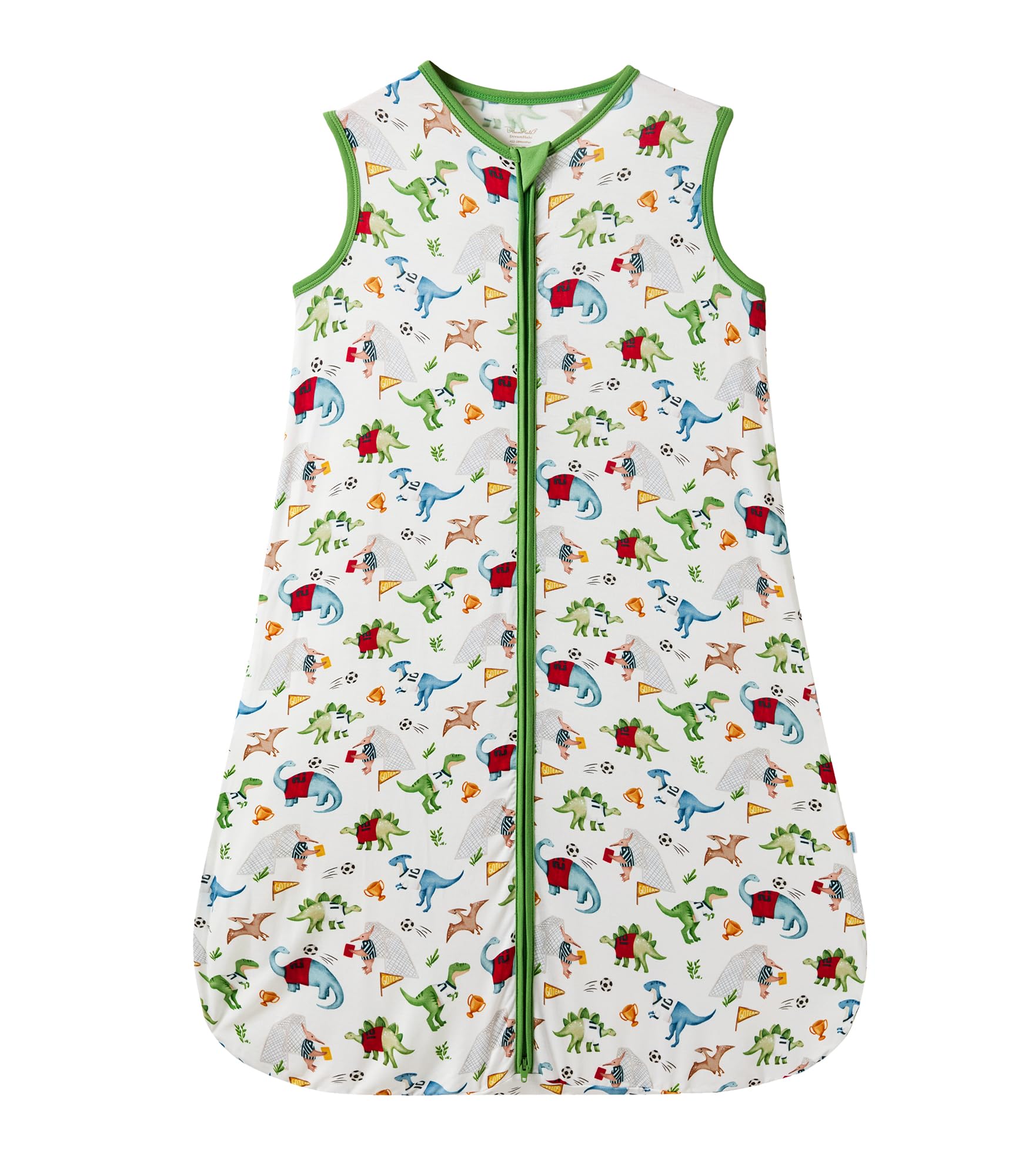 DREAMHALO dinosaur sleep sack front view, cozy breathable bamboo fabric