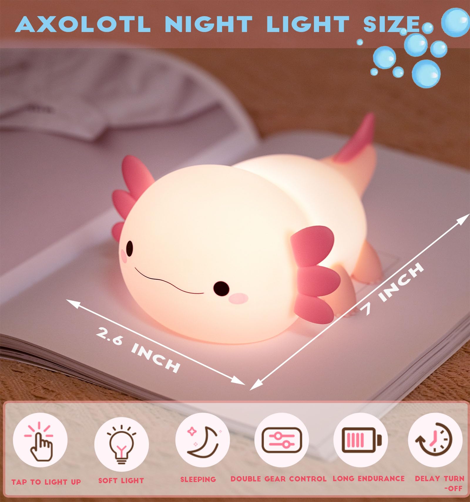 DREAMING MY DREAM axolotl night light is cordless and easy to move around.
