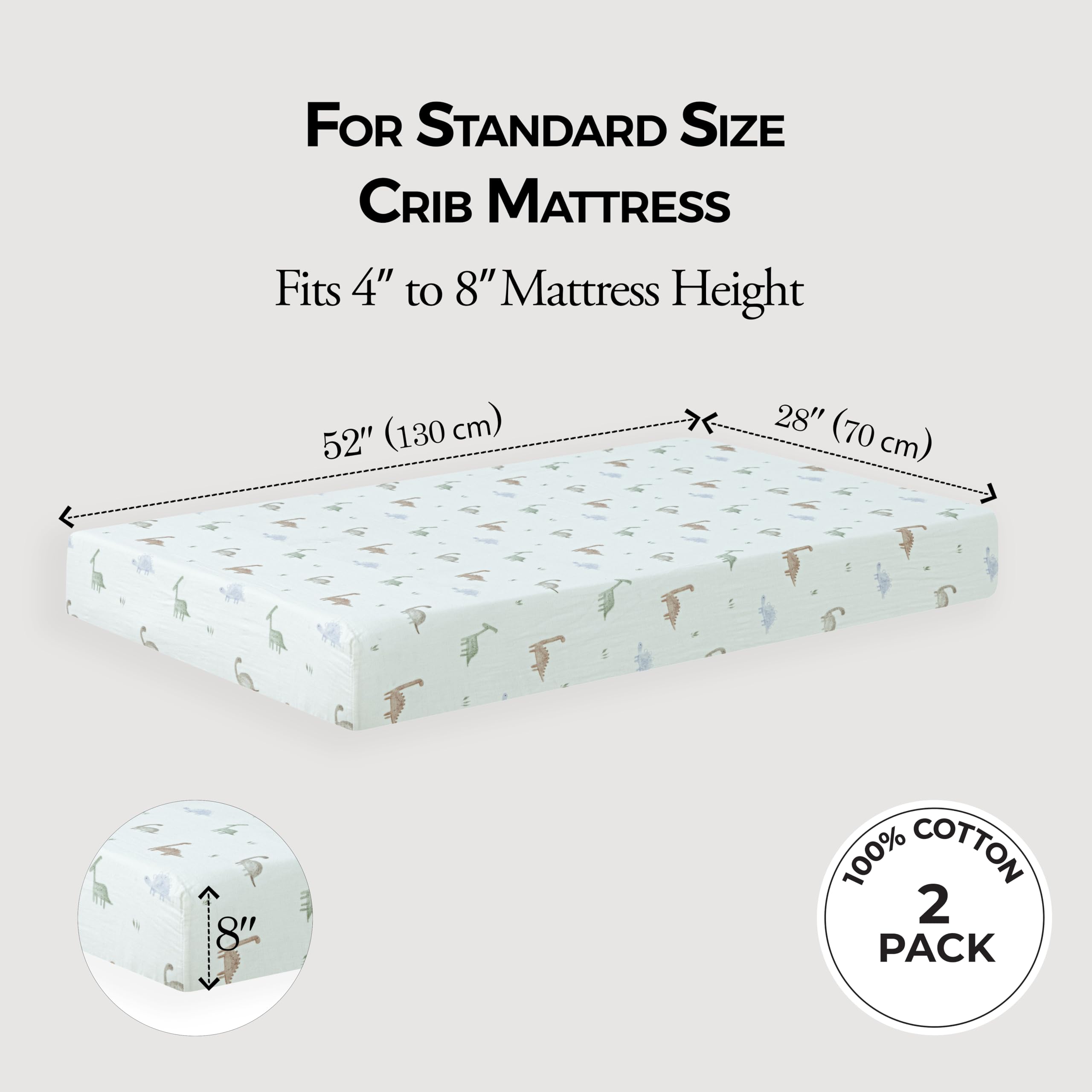 Dreamology deep-pocket eight-inch close-up shows secure snug fit on standard crib mattress.