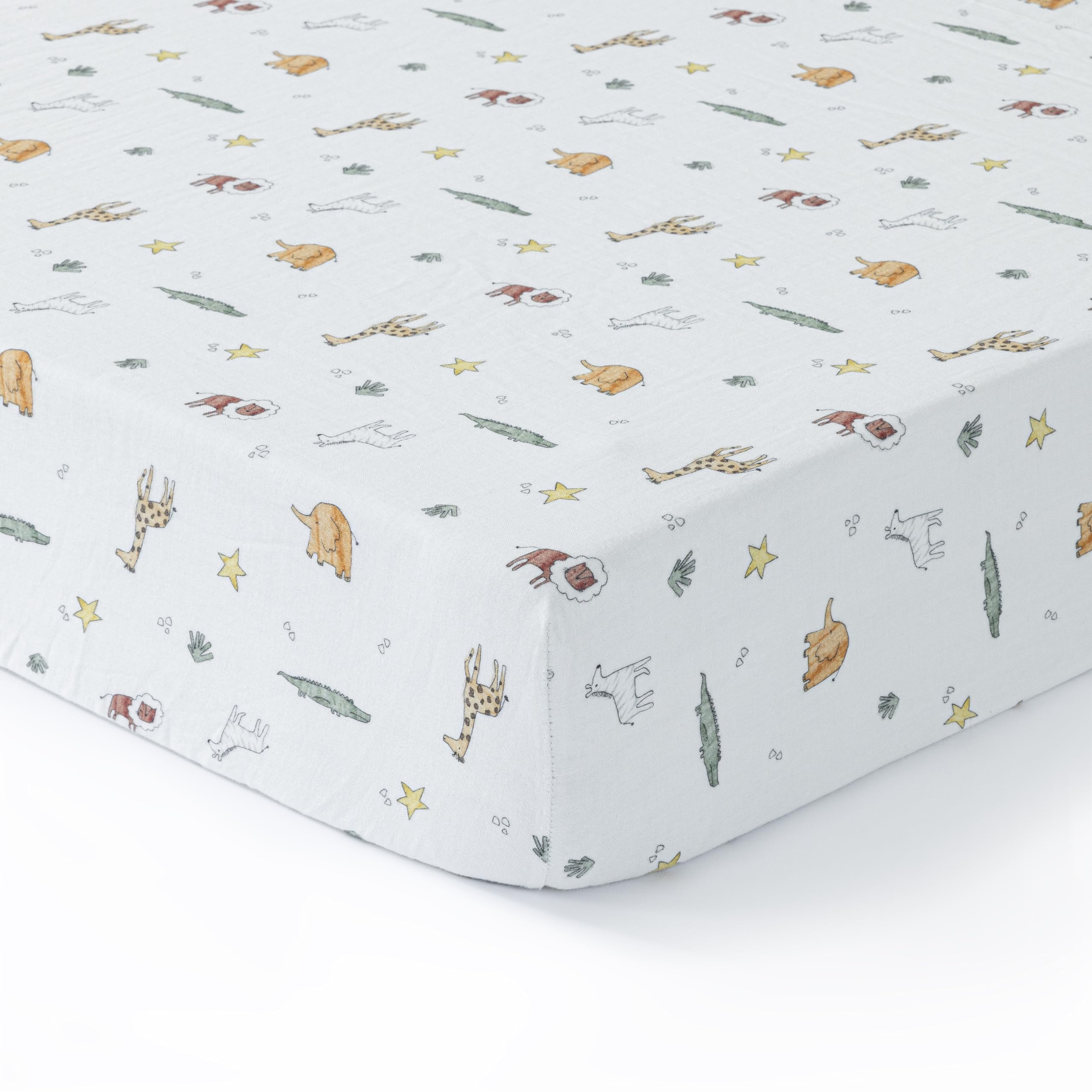 Dreamology muslin crib sheet with animal pattern provides soft, breathable comfort for nursery sleep.