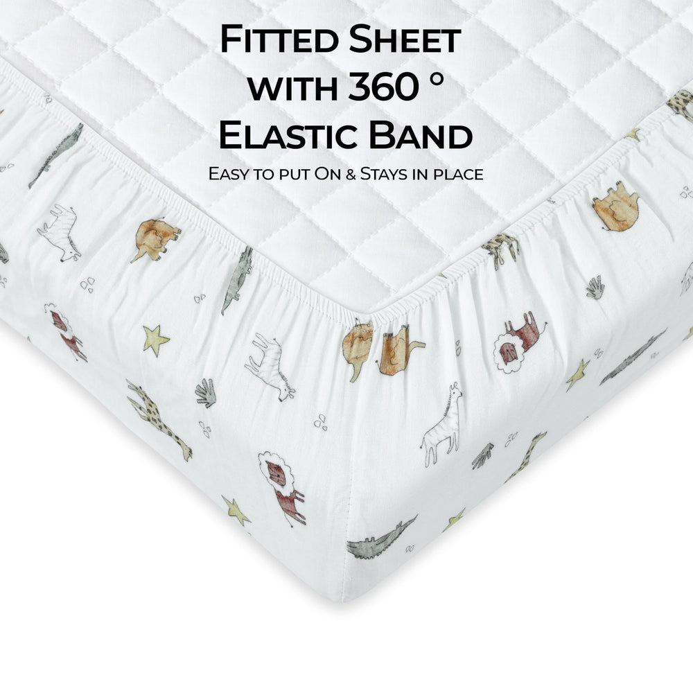 Dreamology crib sheet shows elastic edge for a snug, slip-free fit on mattresses.