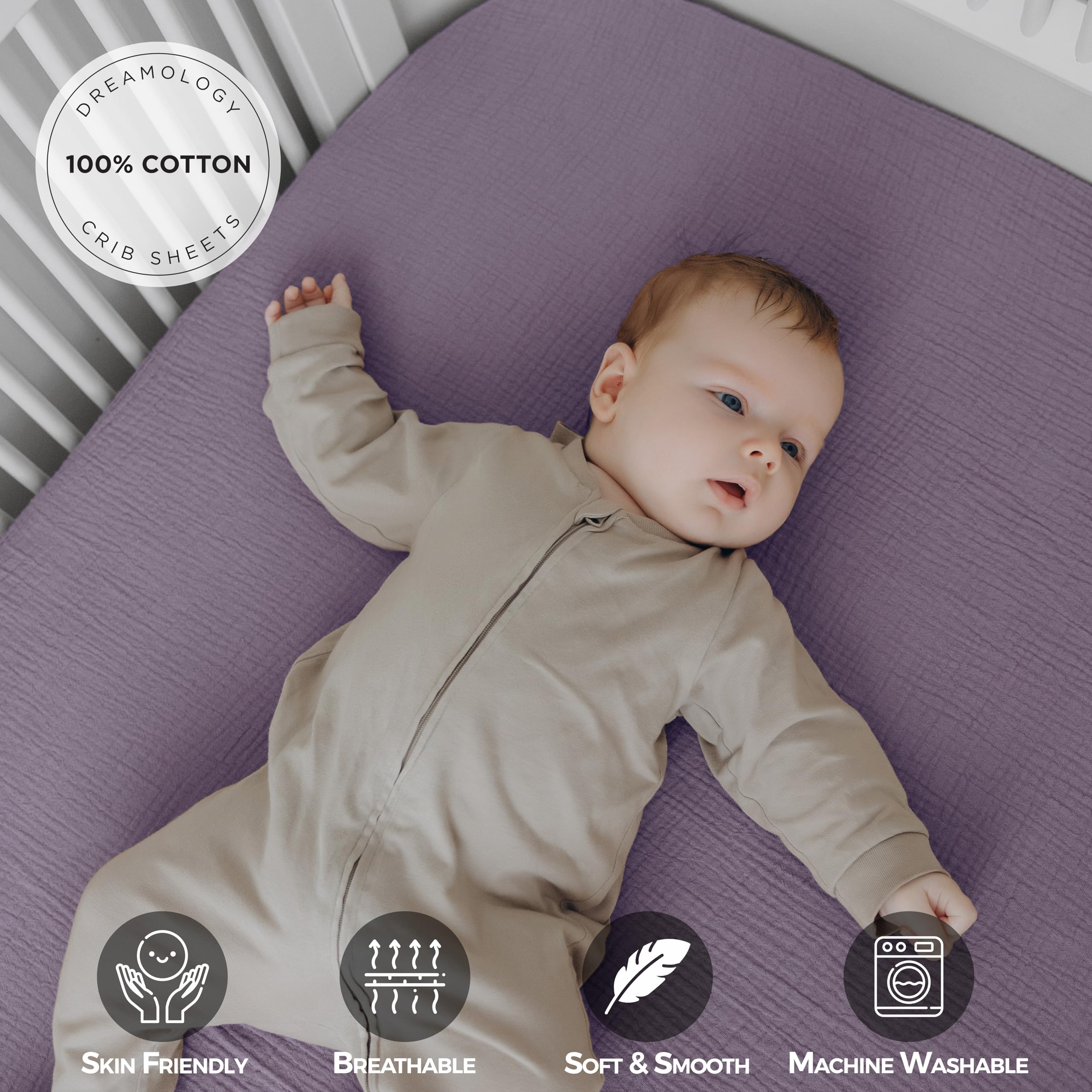 Dreamology muslin crib sheet fabric appears soft and breathable for baby comfort.