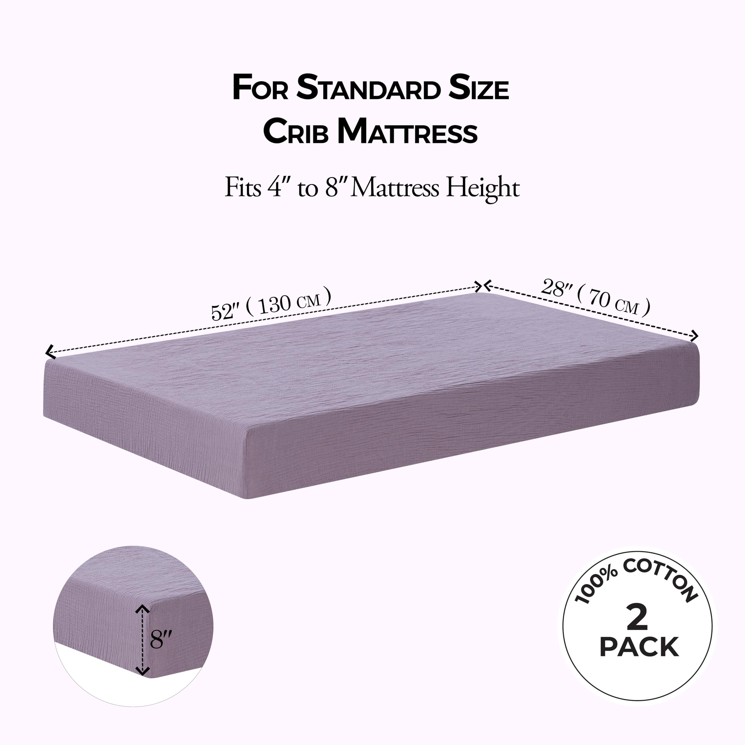Dreamology muslin crib sheet demonstrates secure standard crib fit with elastic edges.